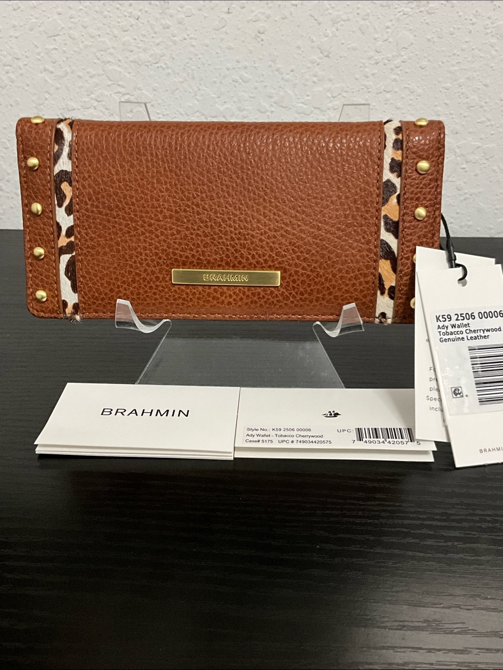 Brahmin Ady TOBACCO CHERRYWOODSlim Leather Wallet W/calf Hair & Metal Studs NWT